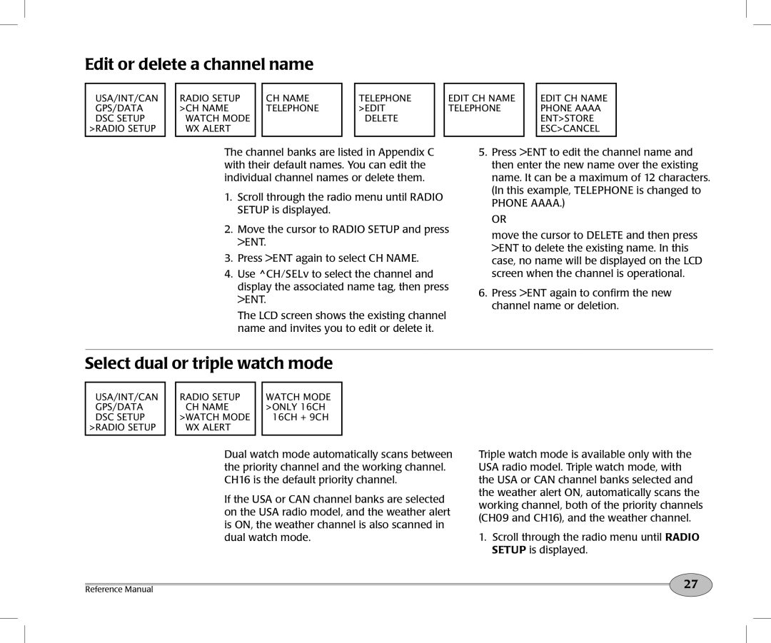 NorthStar Navigation Northstar NS100 Edit or delete a channel name, Select dual or triple watch mode, Phone AAAA. or 