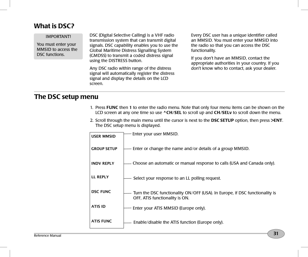 NorthStar Navigation Northstar NS100 quick start What is DSC?, DSC setup menu 