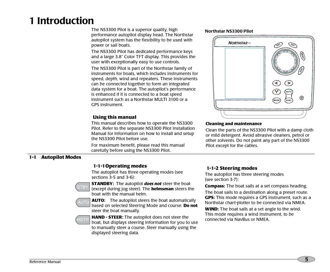 NorthStar Navigation NS3300 Using this manual, Autopilot Modes 1Operating modes, Steering modes, Cleaning and maintenance 