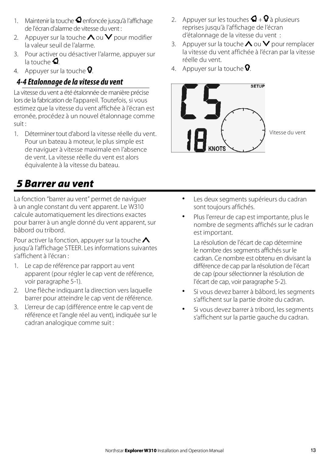 NorthStar Navigation W310 operation manual Barrer au vent, Etalonnage de la vitesse du vent 