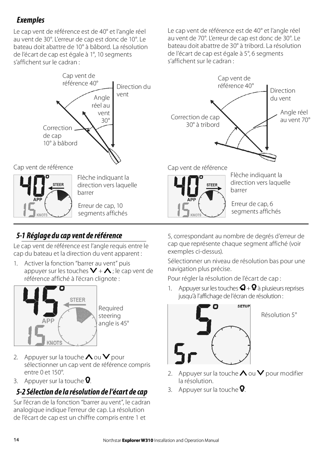 NorthStar Navigation W310 operation manual Exemples, Flèche indiquant la, Sélection de la résolution de l’écart de cap 