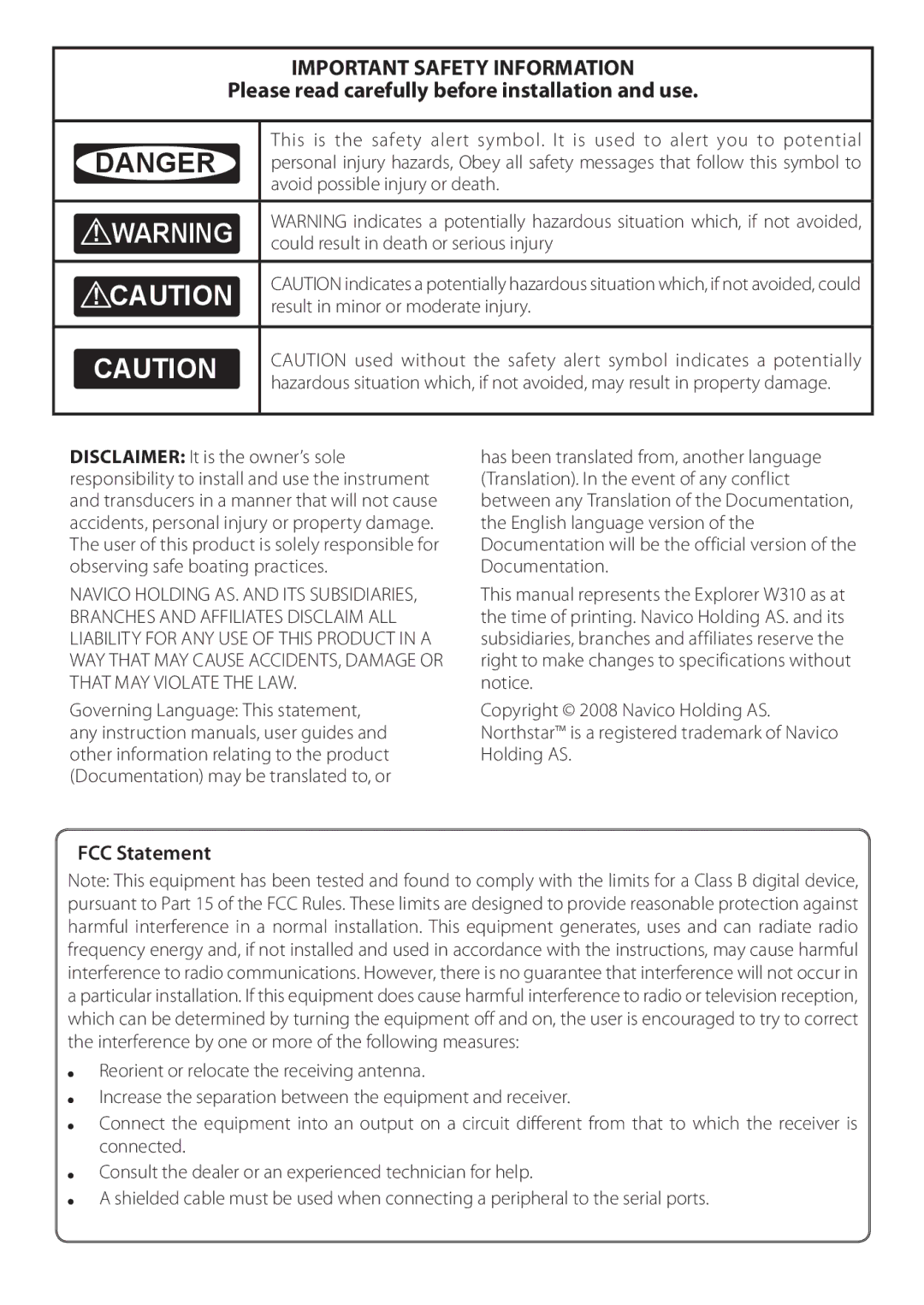 NorthStar Navigation W310 operation manual Avoid possible injury or death, Could result in death or serious injury 