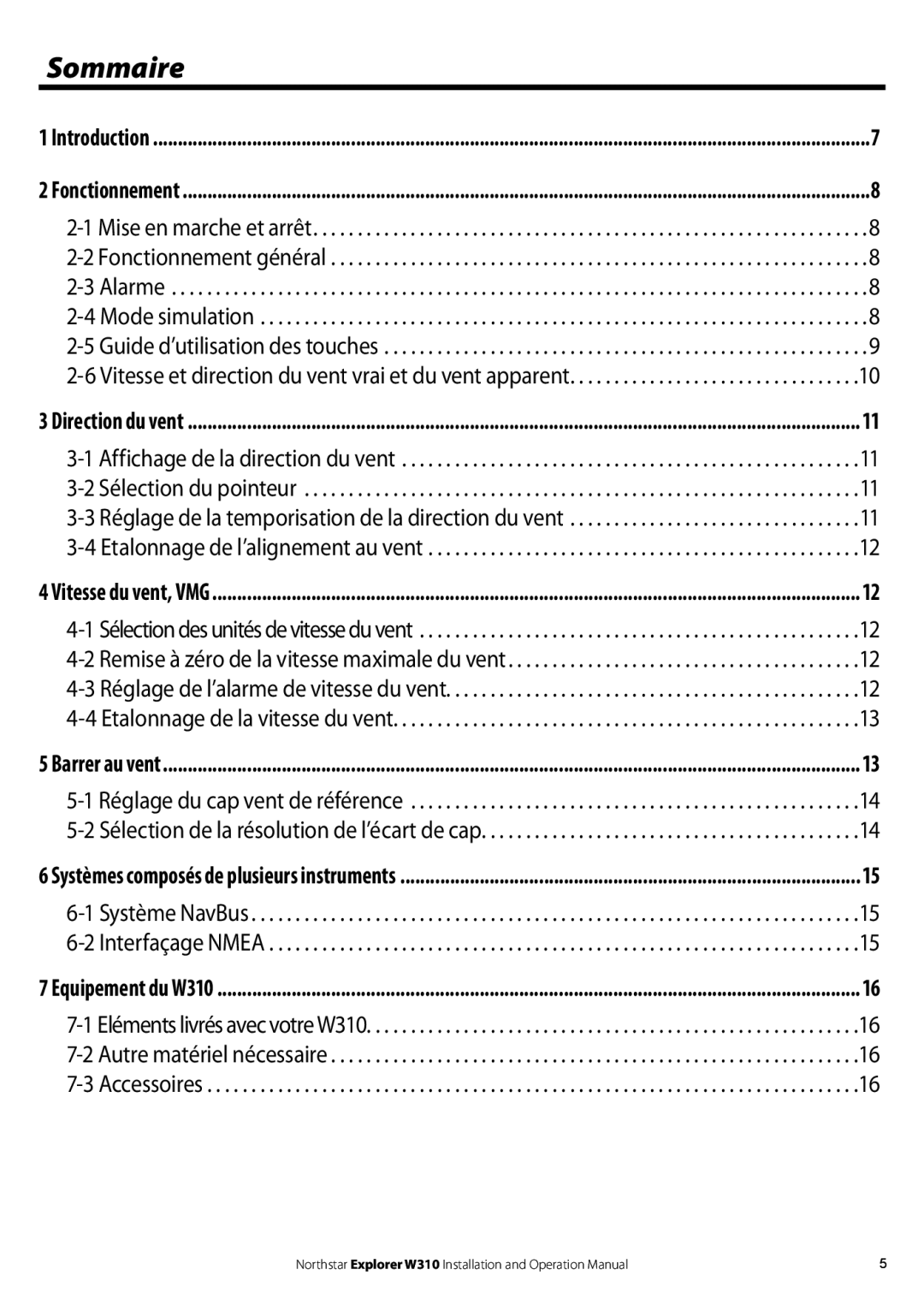 NorthStar Navigation W310 operation manual Sommaire, Vitesse et direction du vent vrai et du vent apparent 