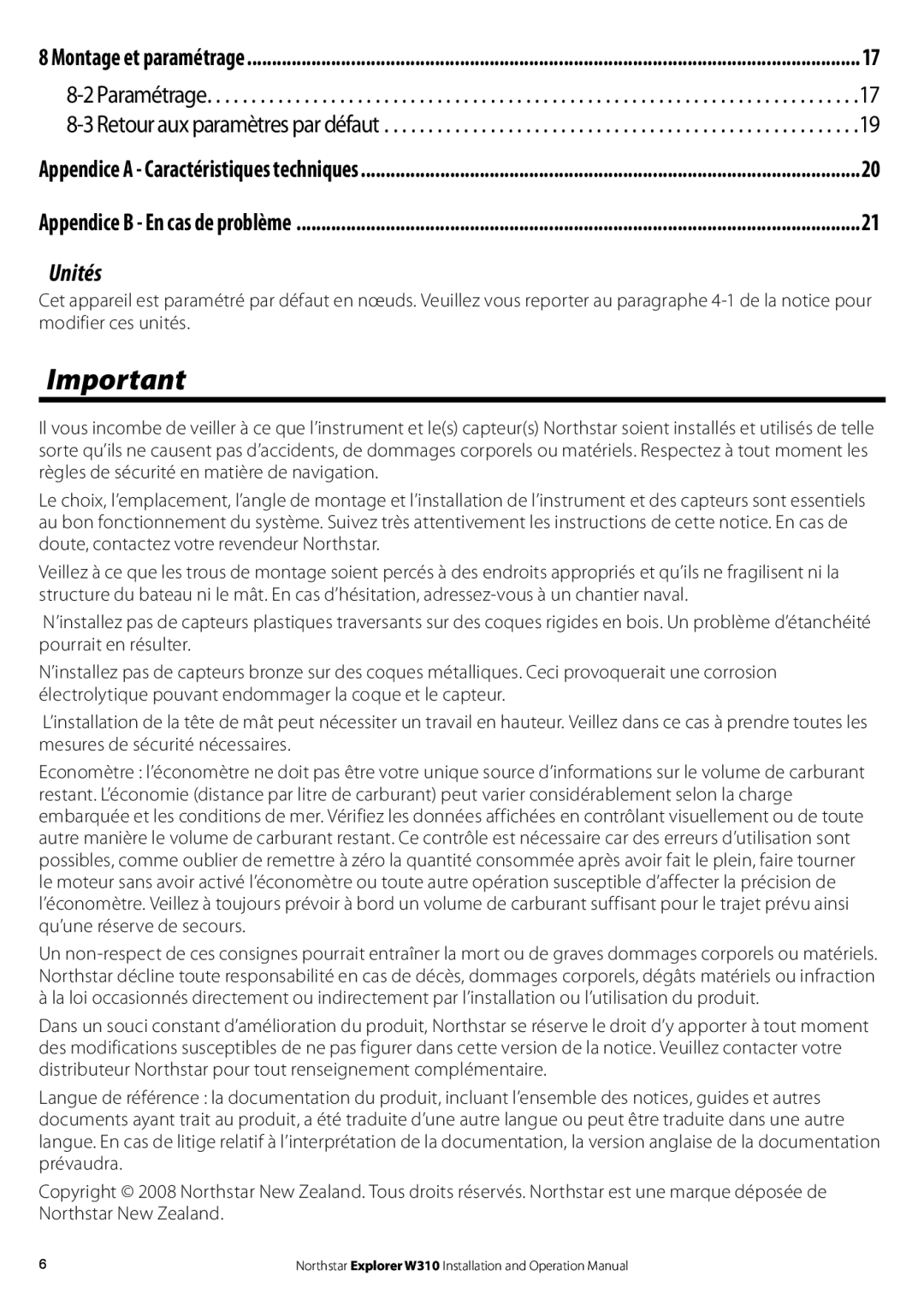 NorthStar Navigation W310 operation manual Unités, Retour aux paramètres par défaut 