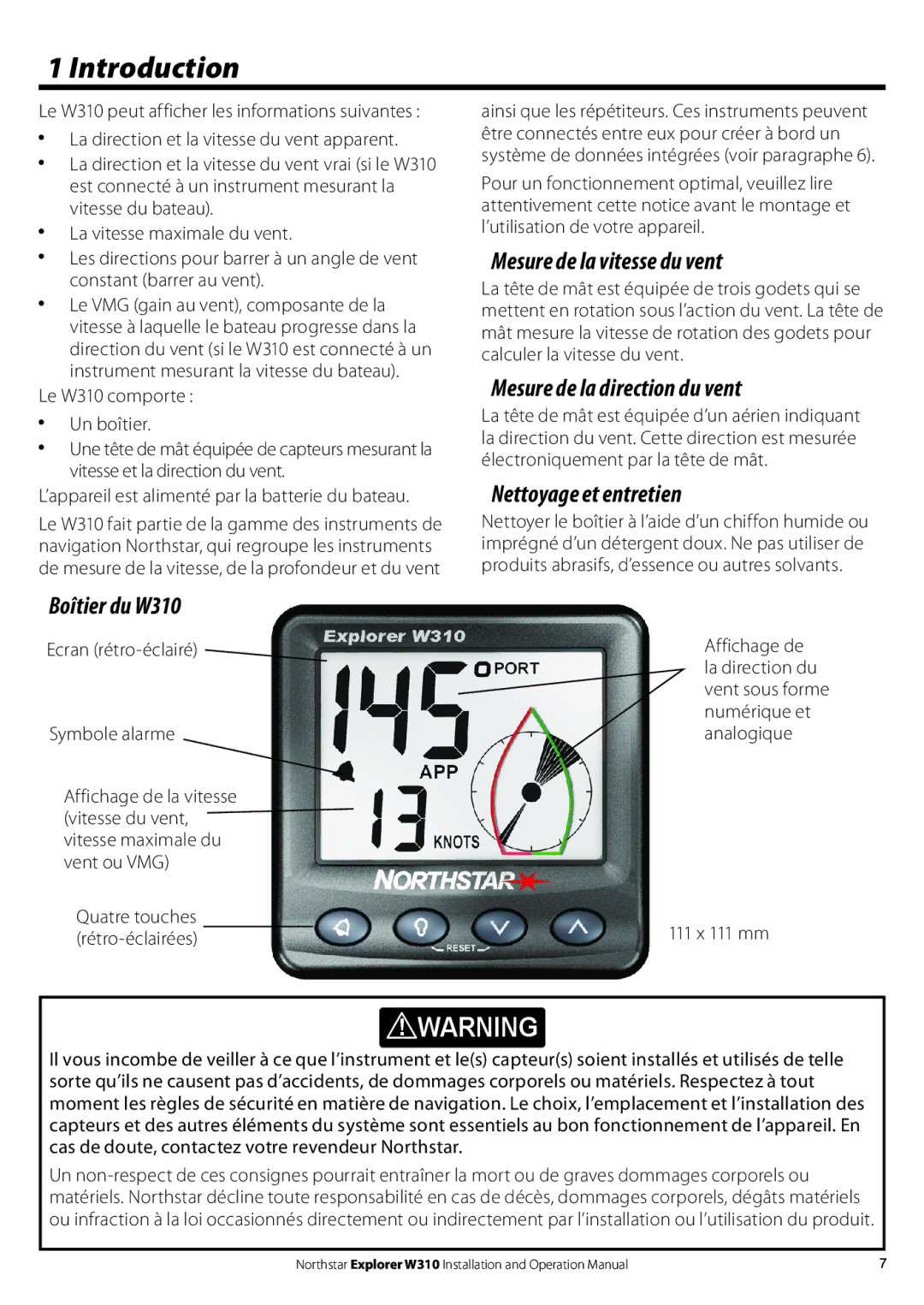 NorthStar Navigation Introduction, Mesure de la vitesse du vent, Mesure de la direction du vent, Boîtier du W310 