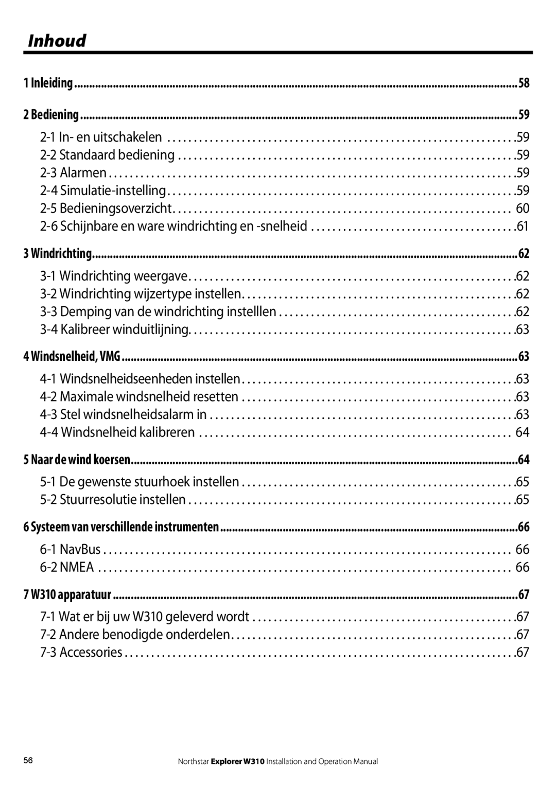 NorthStar Navigation W310 operation manual Inhoud, Demping van de windrichting instelllen, Windsnelheidseenheden instellen 