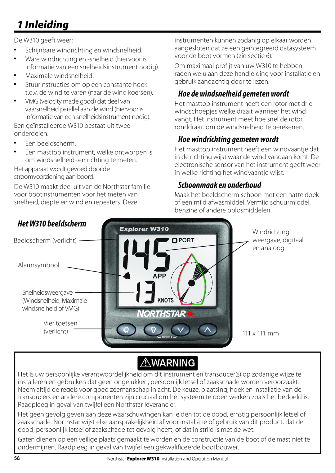 NorthStar Navigation W310 operation manual Inleiding, Hoe de windsnelheid gemeten wordt, Hoe windrichting gemeten wordt 