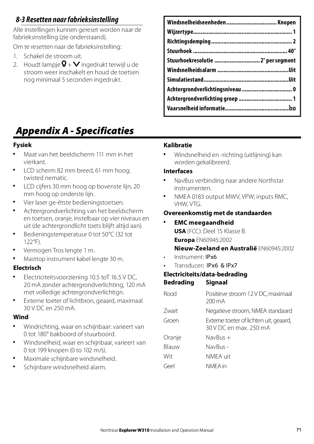 NorthStar Navigation W310 operation manual Appendix a Specificaties, Resetten naar fabrieksinstelling 