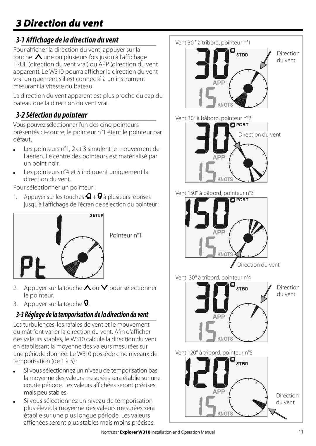 NorthStar Navigation W310 operation manual Direction du vent, Affichage de la direction du vent, Sélection du pointeur  