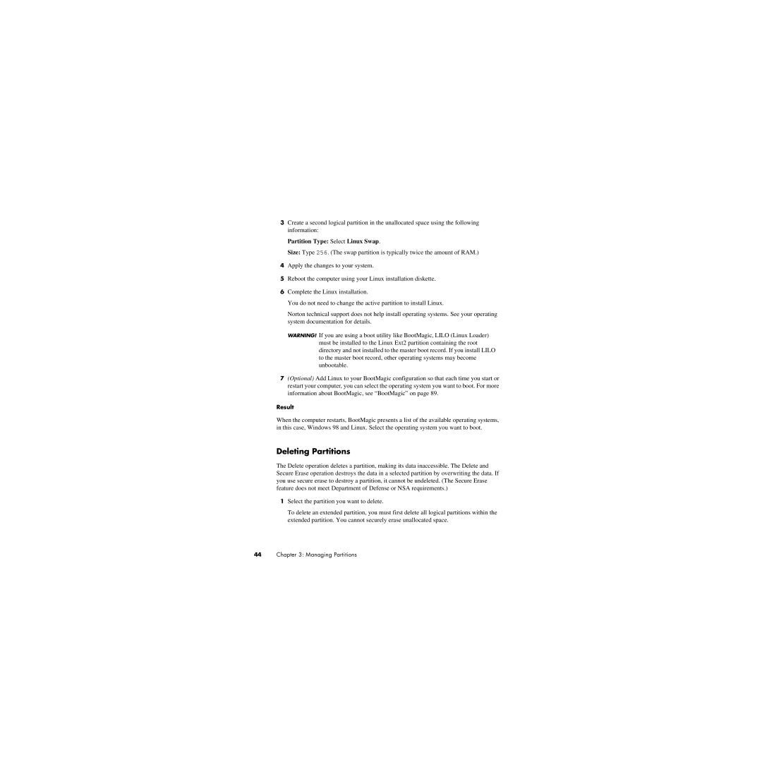 Norton Abrasives 8 manual Deleting Partitions, Partition Type Select Linux Swap 