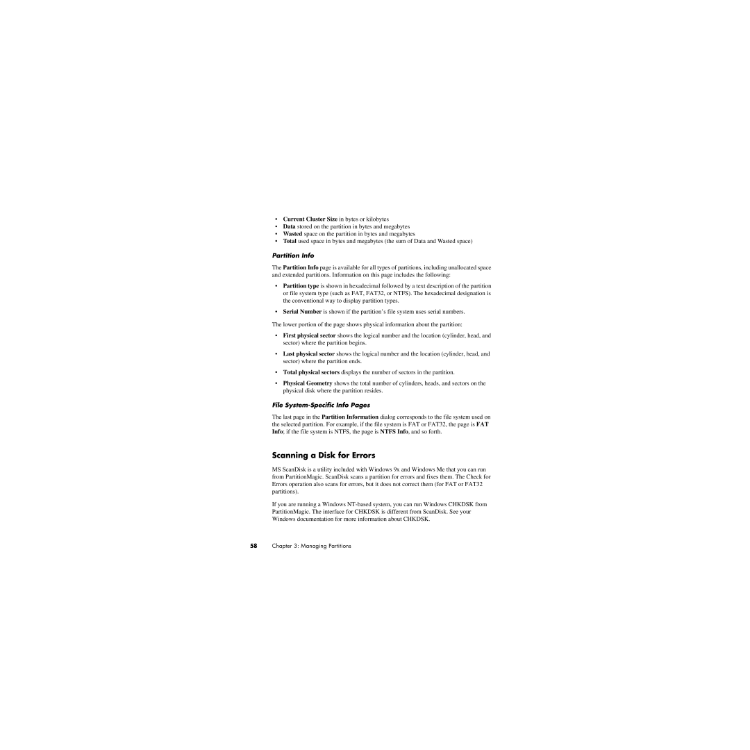 Norton Abrasives 8 manual Scanning a Disk for Errors, Current Cluster Size in bytes or kilobytes, Partition Info 