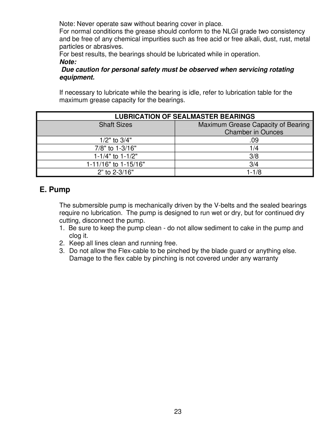 Norton Abrasives BBC207, BBC157, BBC547 owner manual Pump, Lubrication of Sealmaster Bearings 