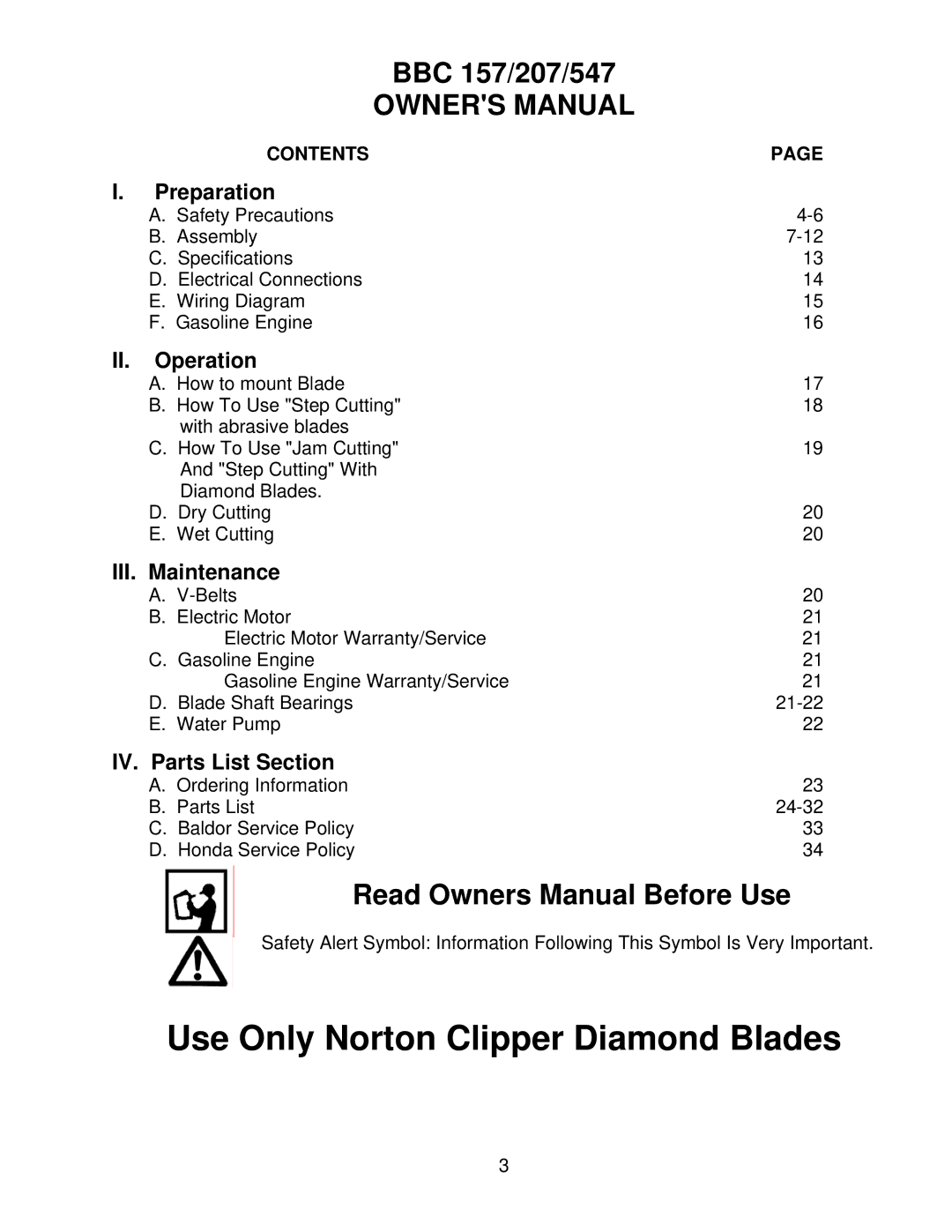 Norton Abrasives BBC157, BBC547, BBC207 owner manual Preparation, Operation, III. Maintenance, IV. Parts List Section 