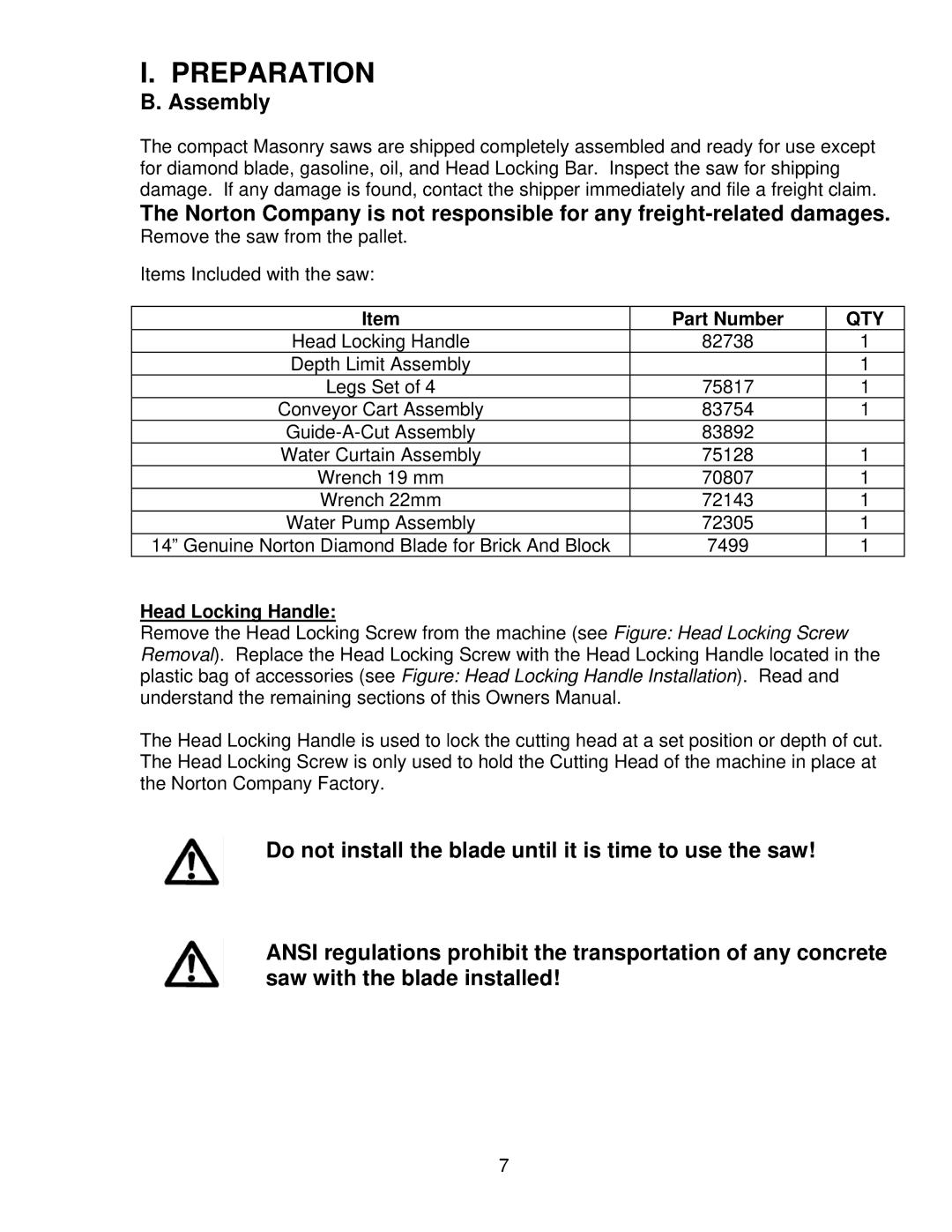 Norton Abrasives BBC547, BBC157, BBC207 owner manual Assembly, Part Number, Head Locking Handle 