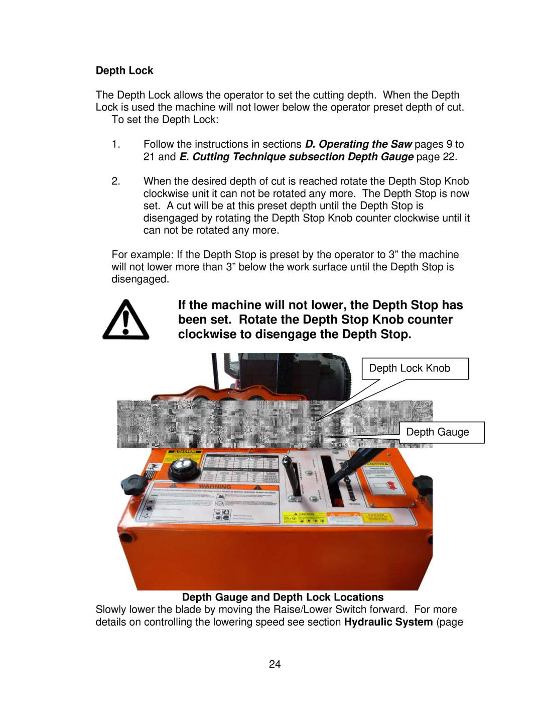 Norton Abrasives C3130, C3120, C6120, C3126, C6136, C6130, C6126 owner manual Depth Gauge and Depth Lock Locations 