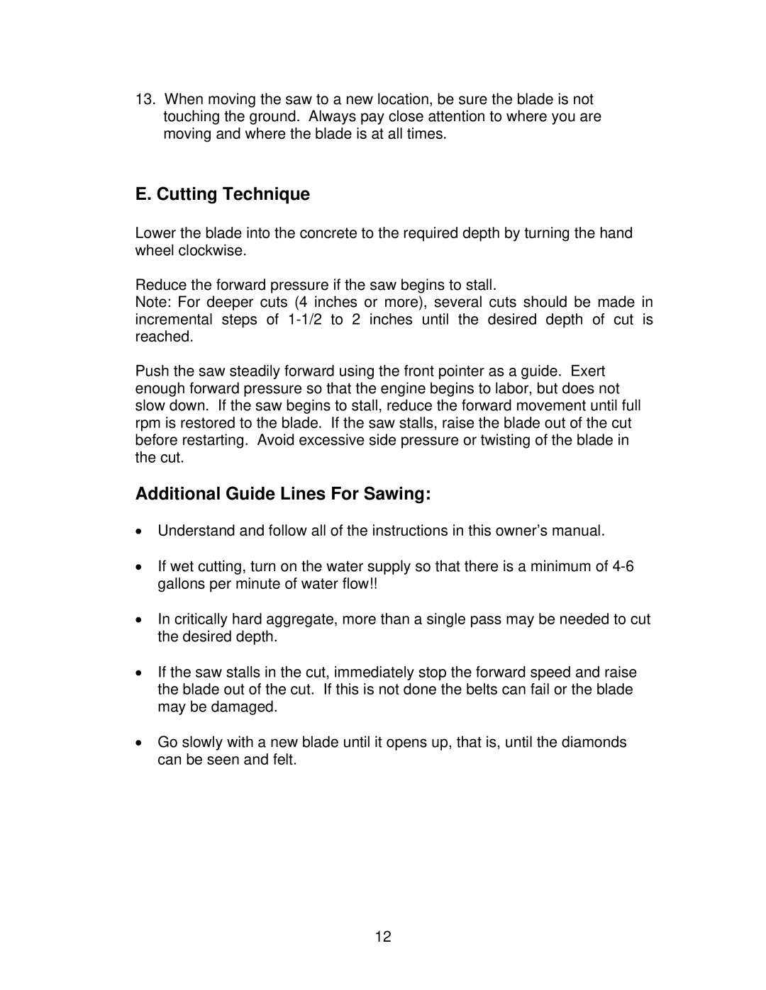 Norton Abrasives C9 owner manual Cutting Technique, Additional Guide Lines For Sawing 