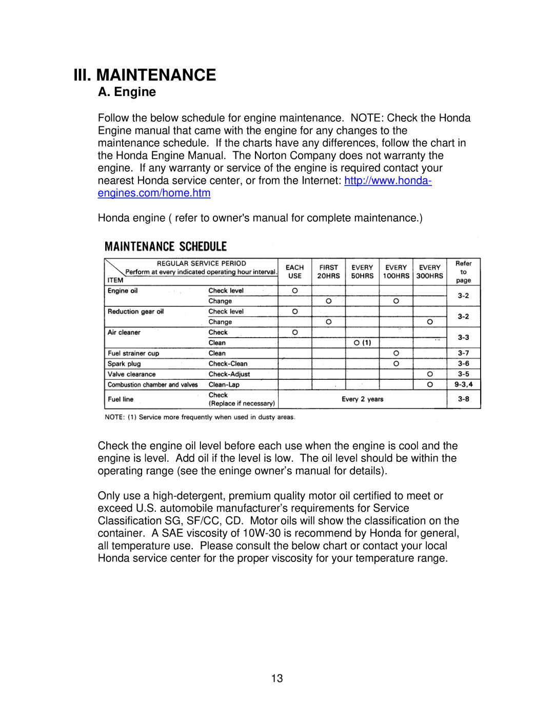 Norton Abrasives C9 owner manual III. Maintenance, Engine 