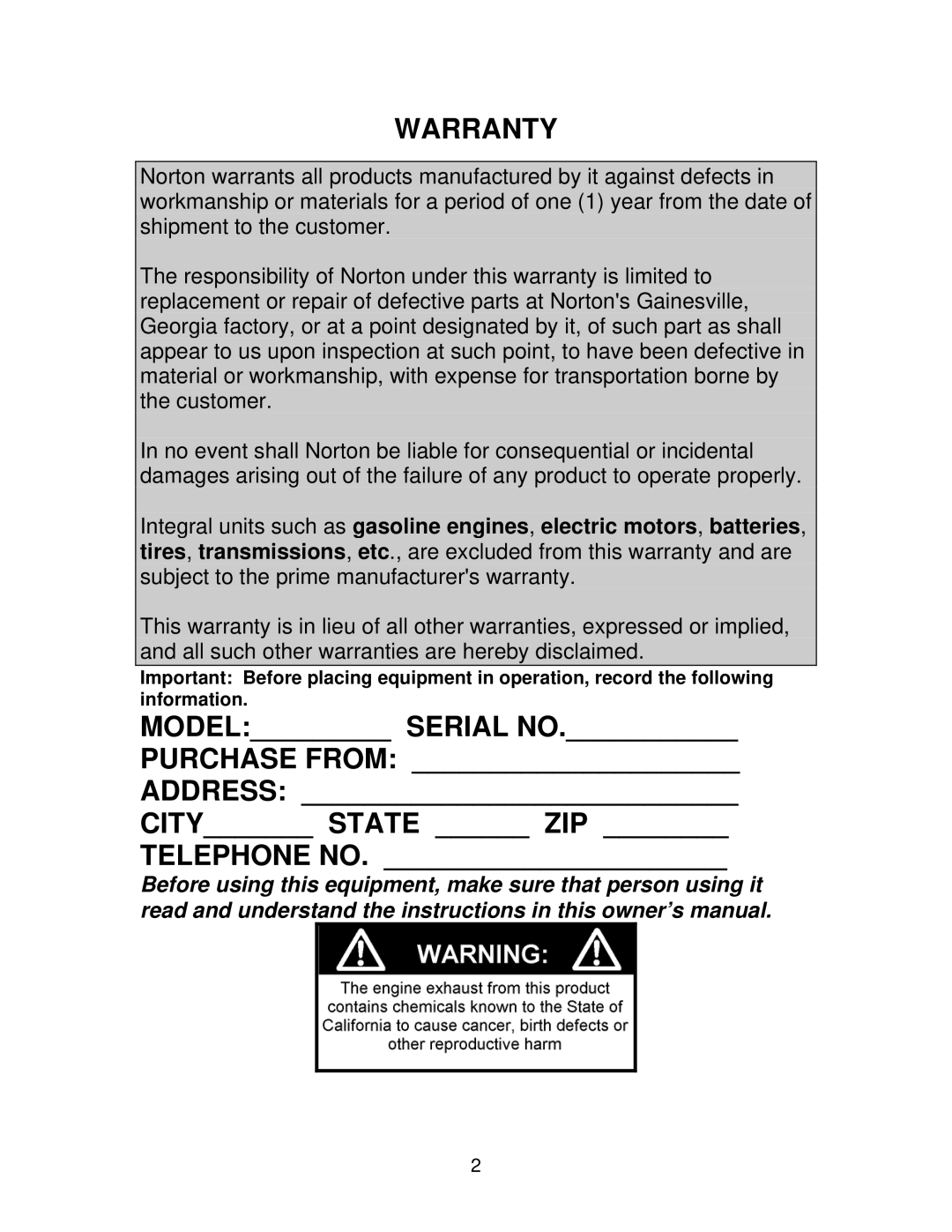 Norton Abrasives C9 owner manual Warranty 