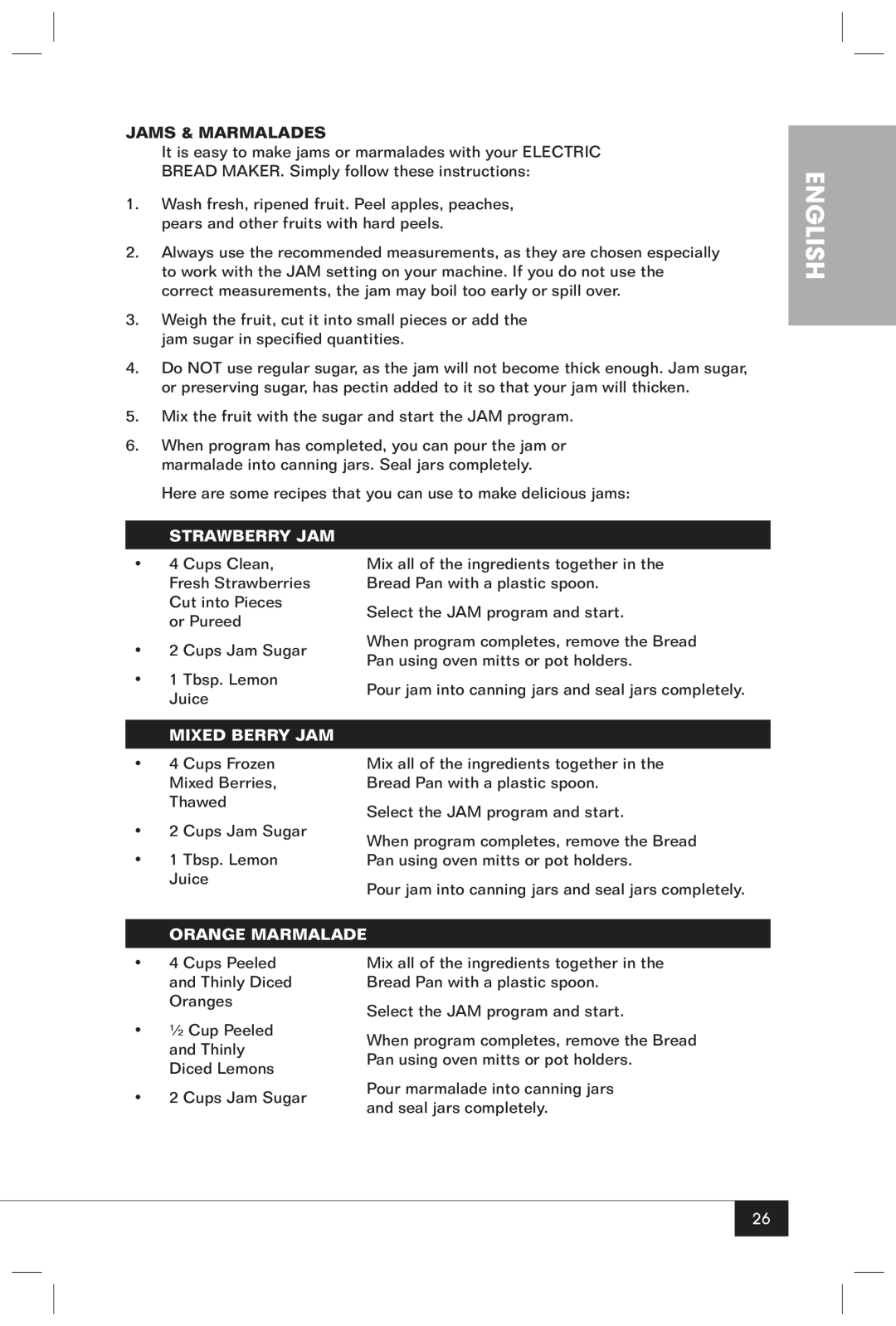Nostalgia Electrics BMM100 manual Jams & Marmalades, Strawberry JAM, Mixed Berry JAM, Orange Marmalade 
