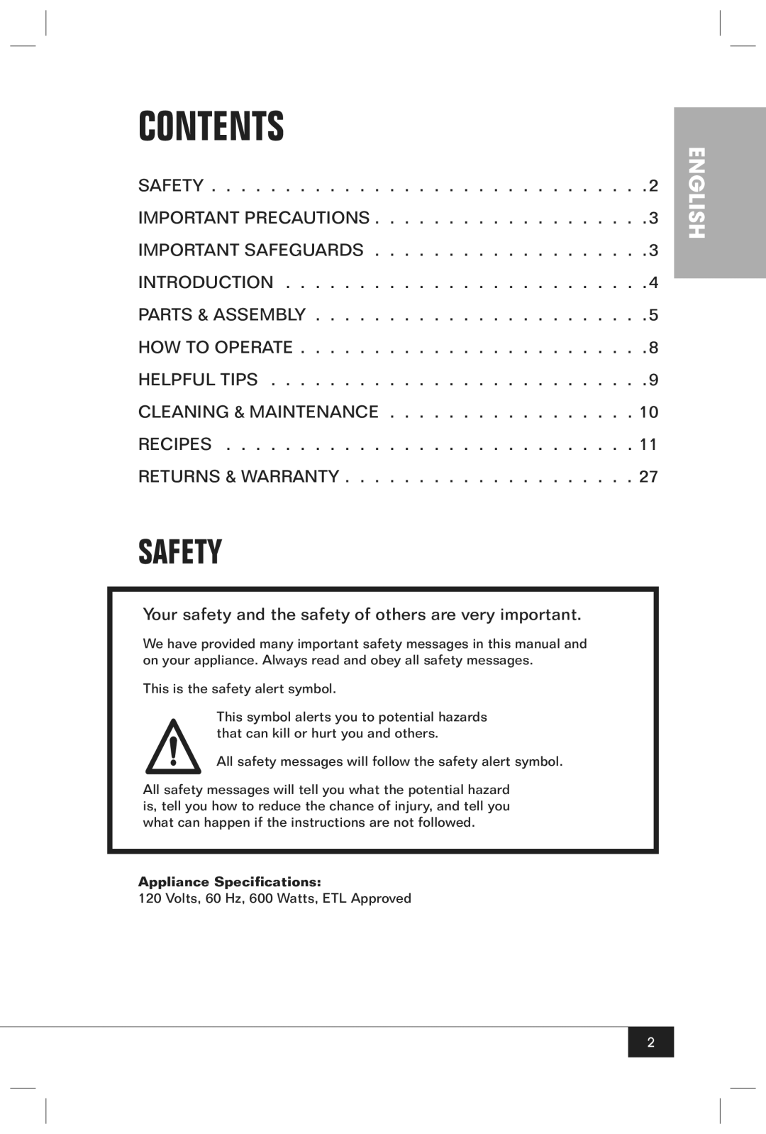 Nostalgia Electrics BMM100 manual Contents 