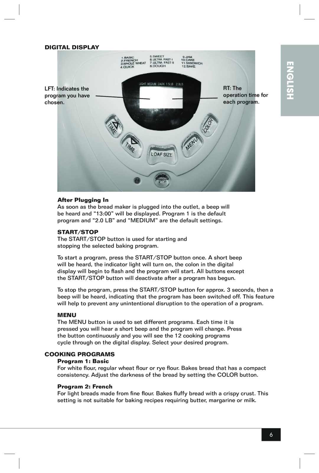 Nostalgia Electrics BMM100 manual Digital Display, Start/Stop, Menu, Cooking Programs 