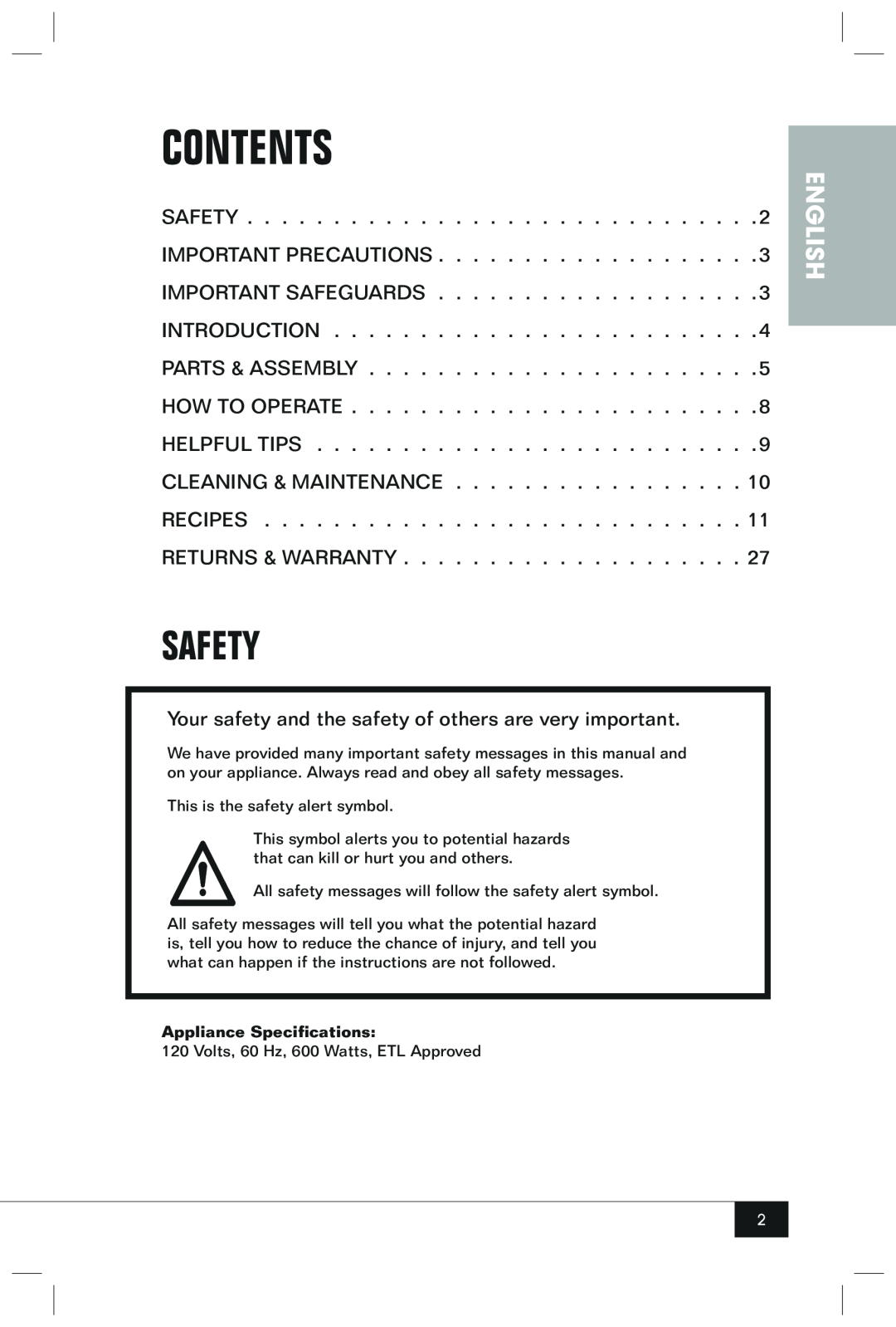 Nostalgia Electrics BMM100 manual Safety, English, Contents 