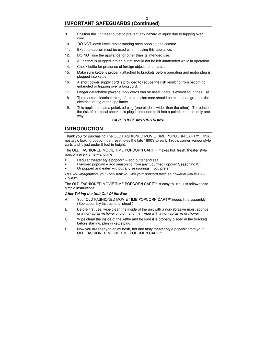 Nostalgia Electrics CCP-510 BLK manual Important Safeguards, Introduction, After Taking the Unit Out Of the Box 