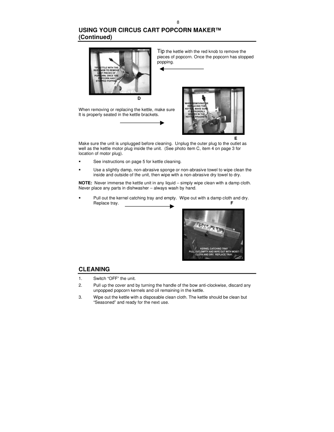 Nostalgia Electrics CCP-510 BLK manual Using Your Circus Cart Popcorn Maker, Cleaning 