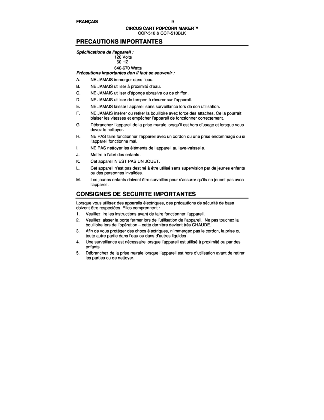 Nostalgia Electrics CCP-510 BLK manual Precautions Importantes, Consignes De Securite Importantes, Français 
