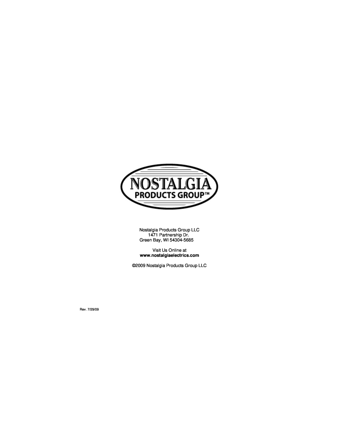 Nostalgia Electrics CCP-510 manual Nostalgia Products Group LLC 1471 Partnership Dr, Green Bay, WI Visit Us Online at 