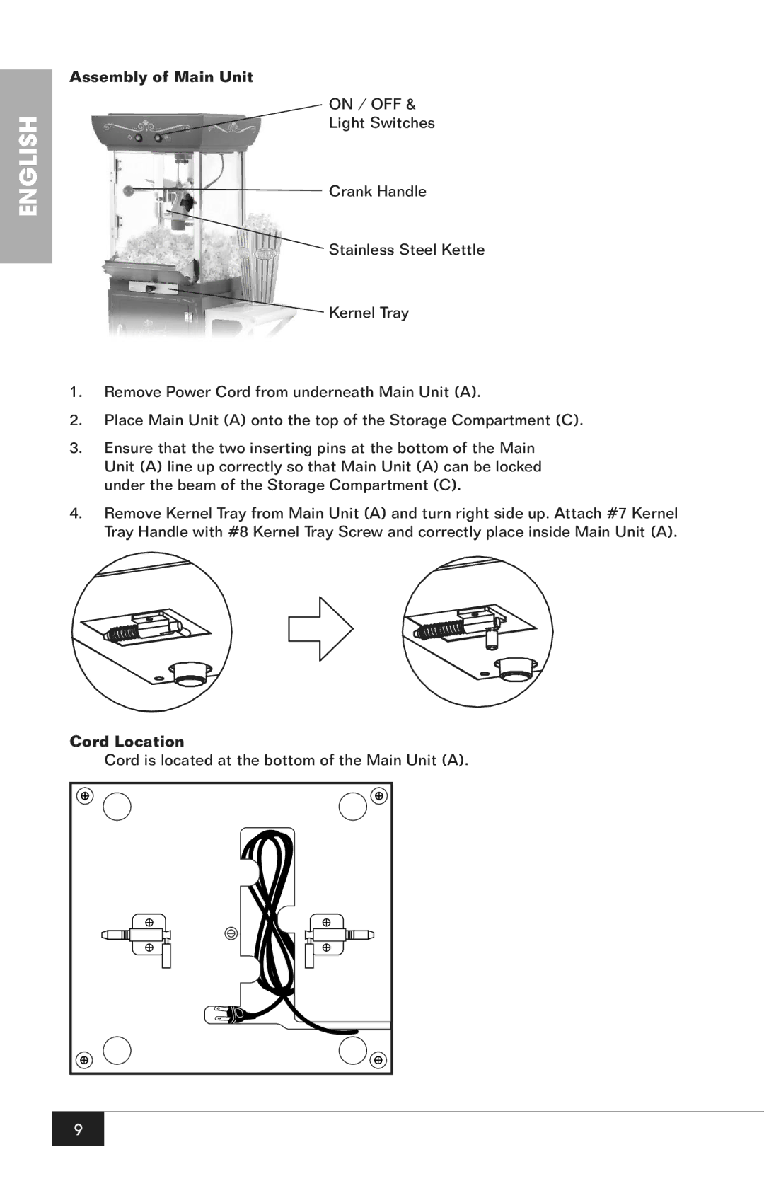 Nostalgia Electrics CCP200 manual Assembly of Main Unit, Cord Location 