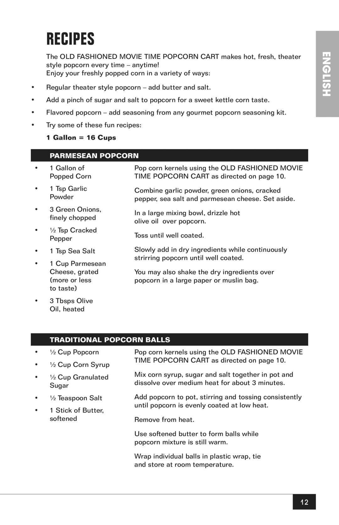 Nostalgia Electrics CCP200 manual Recipes, Gallon = 16 Cups, Parmesean Popcorn, Traditional Popcorn Balls 