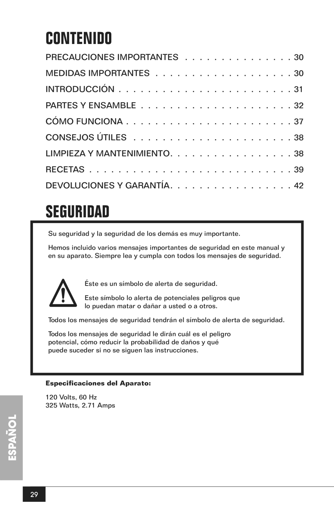 Nostalgia Electrics CCP200 manual Contenido, Seguridad, Especificaciones del Aparato 