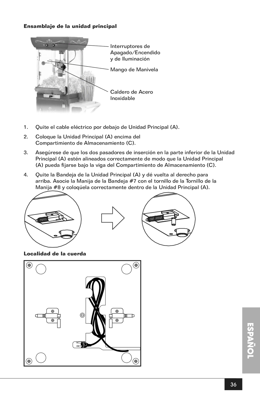 Nostalgia Electrics CCP200 manual Ensamblaje de la unidad principal, Localidad de la cuerda 