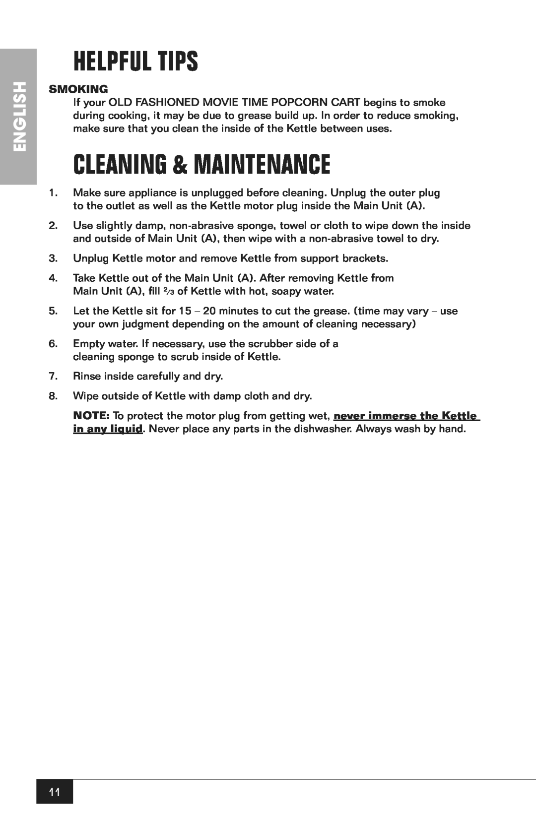 Nostalgia Electrics CCP200 manual Helpful Tips, Cleaning & Maintenance, English, Smoking 
