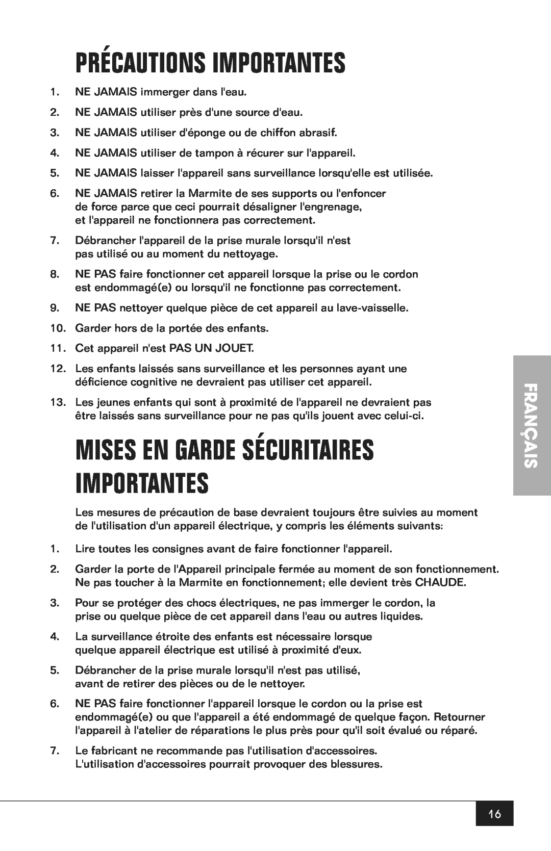 Nostalgia Electrics CCP200 manual Précautions Importantes, Français, Mises En Garde Sécuritaires 