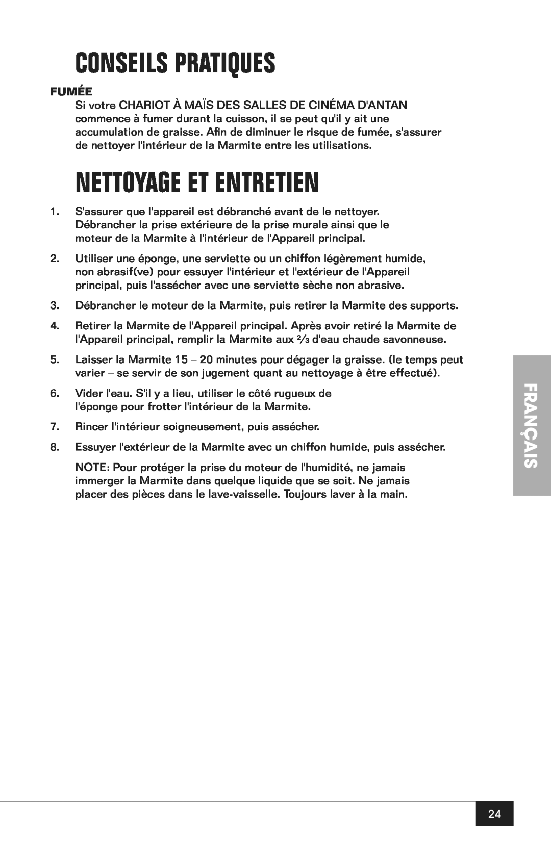Nostalgia Electrics CCP200 manual Conseils Pratiques, Nettoyage Et Entretien, Français, Fumée 