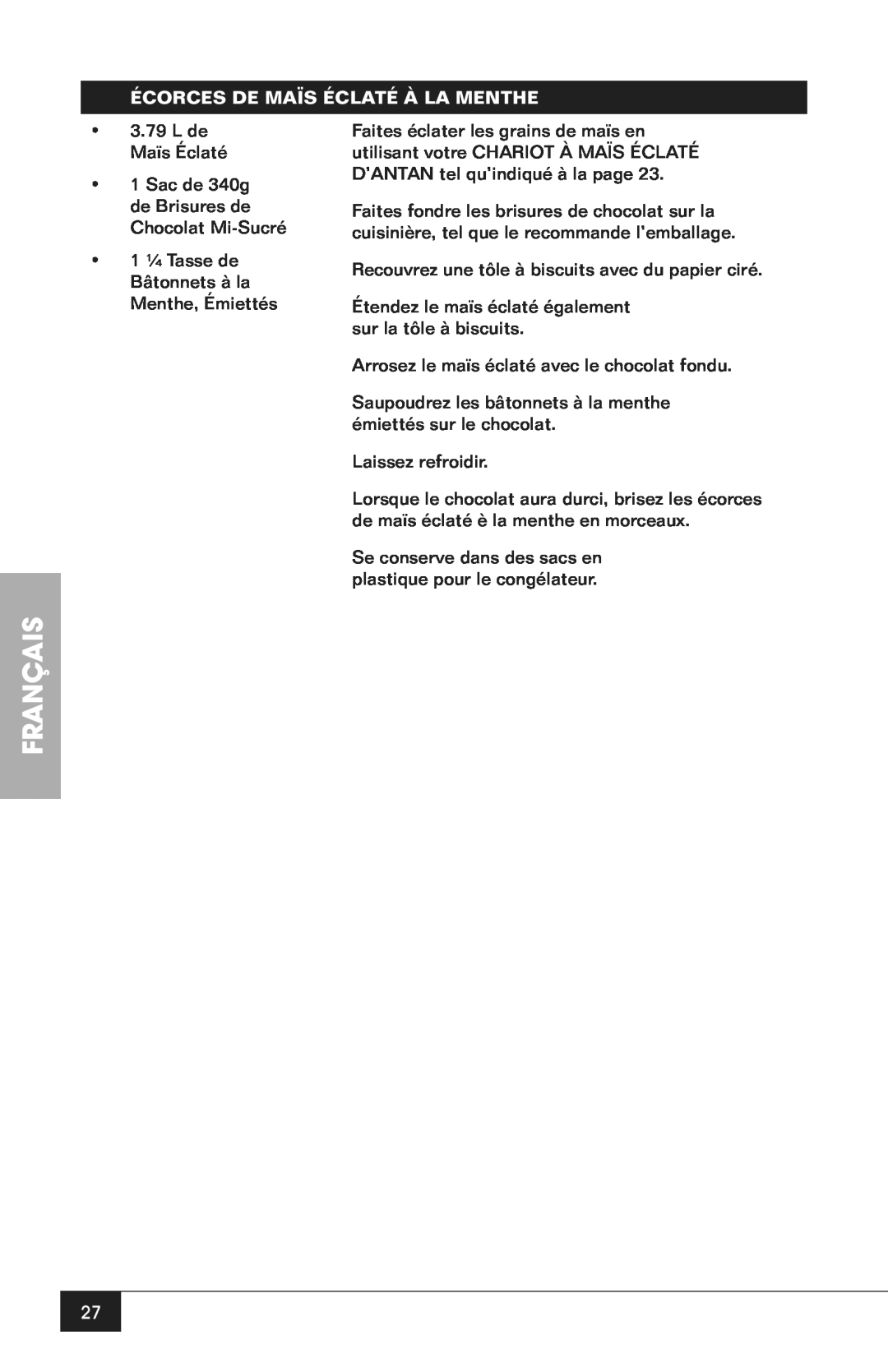 Nostalgia Electrics CCP200 manual Français, Écorces De Maïs Éclaté À La Menthe 