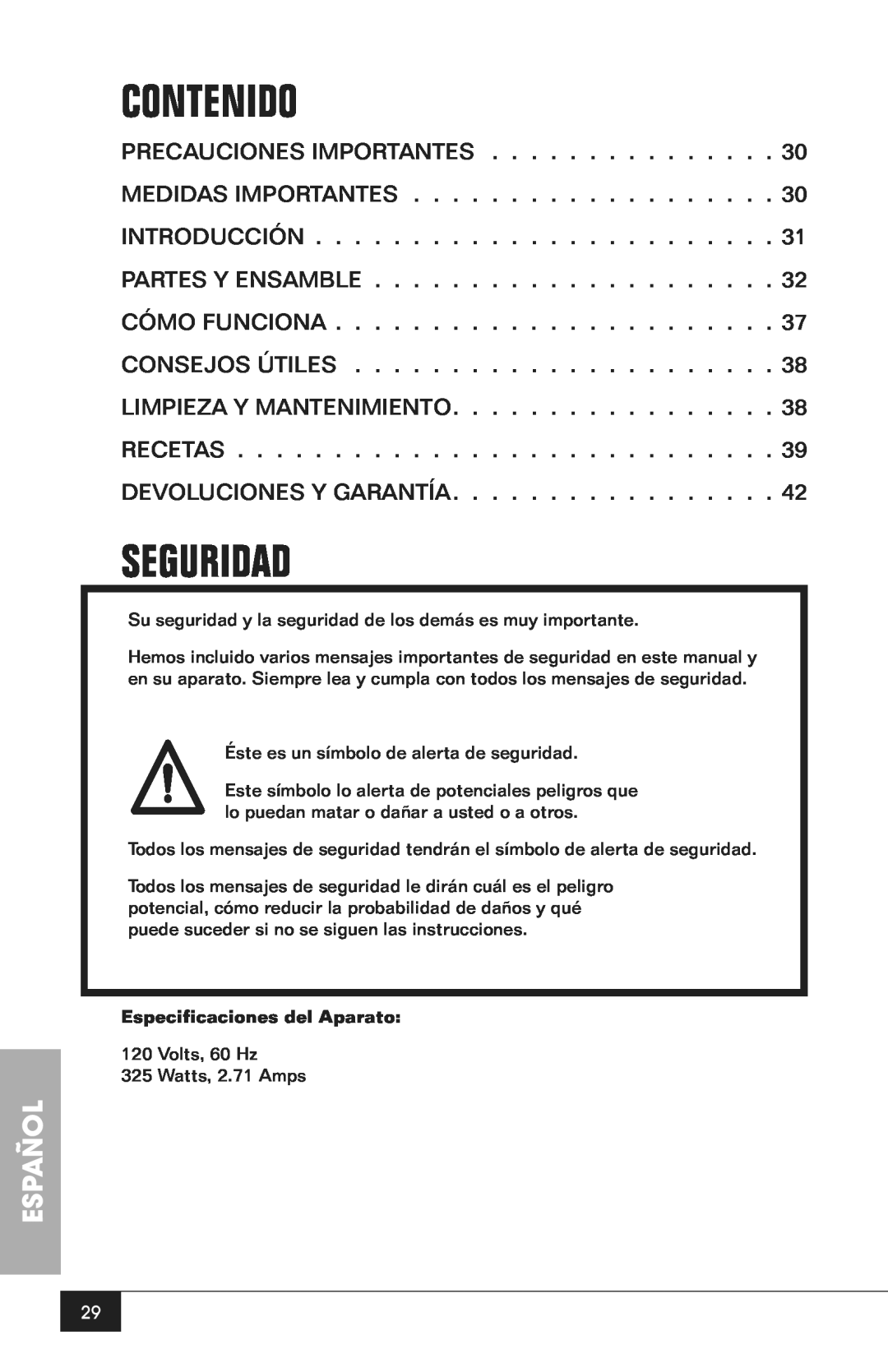 Nostalgia Electrics CCP200 manual Contenido, Seguridad, Español 