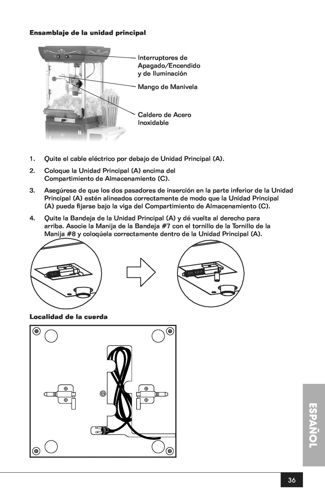 Nostalgia Electrics CCP200 manual Español, Ensamblaje de la unidad principal, Localidad de la cuerda 