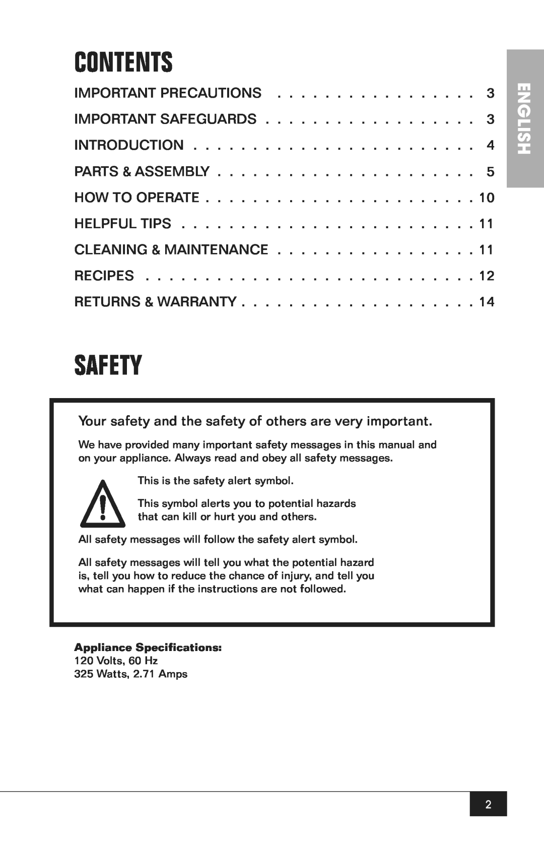 Nostalgia Electrics CCP200 manual Contents, Safety, English 