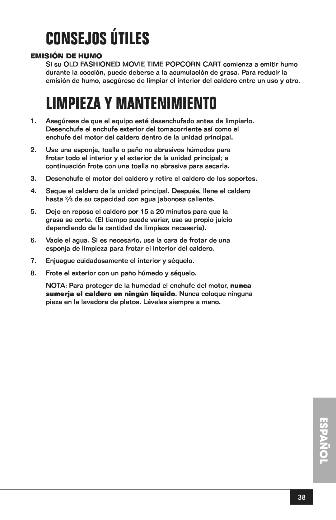 Nostalgia Electrics CCP200 manual Consejos Útiles, Limpieza Y Mantenimiento, Español, Emisión De Humo 