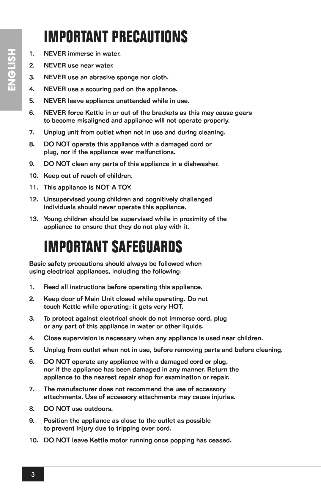 Nostalgia Electrics CCP200 manual Important Precautions, Important Safeguards, English 