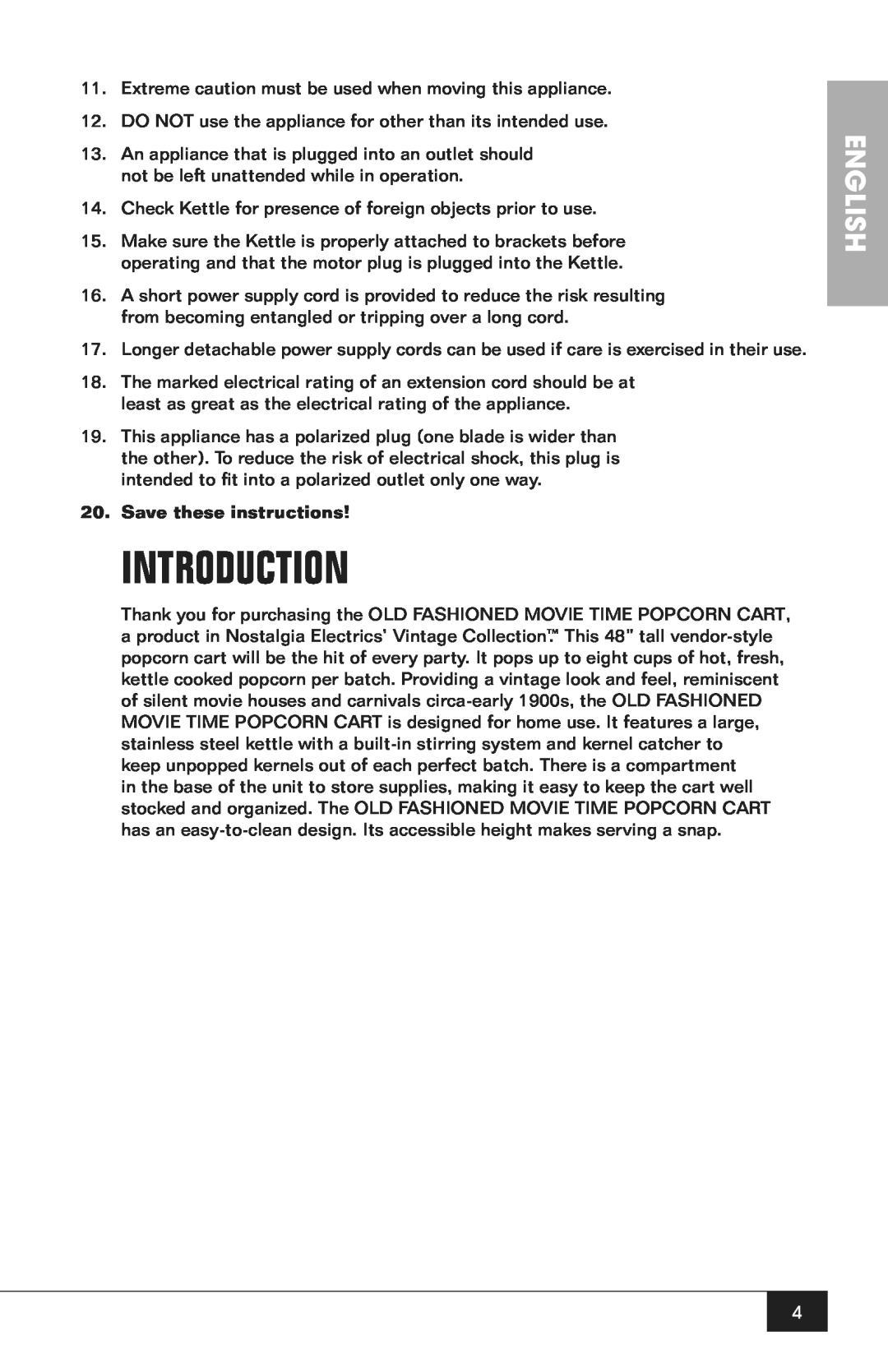 Nostalgia Electrics CCP200 manual Introduction, English, Save these instructions 