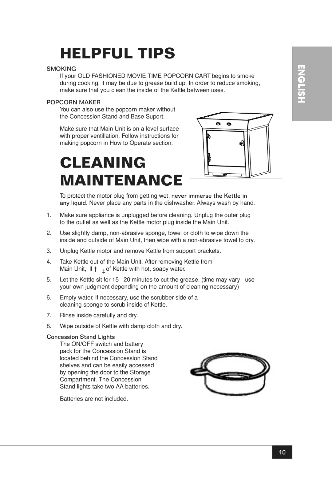 Nostalgia Electrics CCP610 manual Helpful Tips, Cleaning Maintenance, Concession Stand Lights 