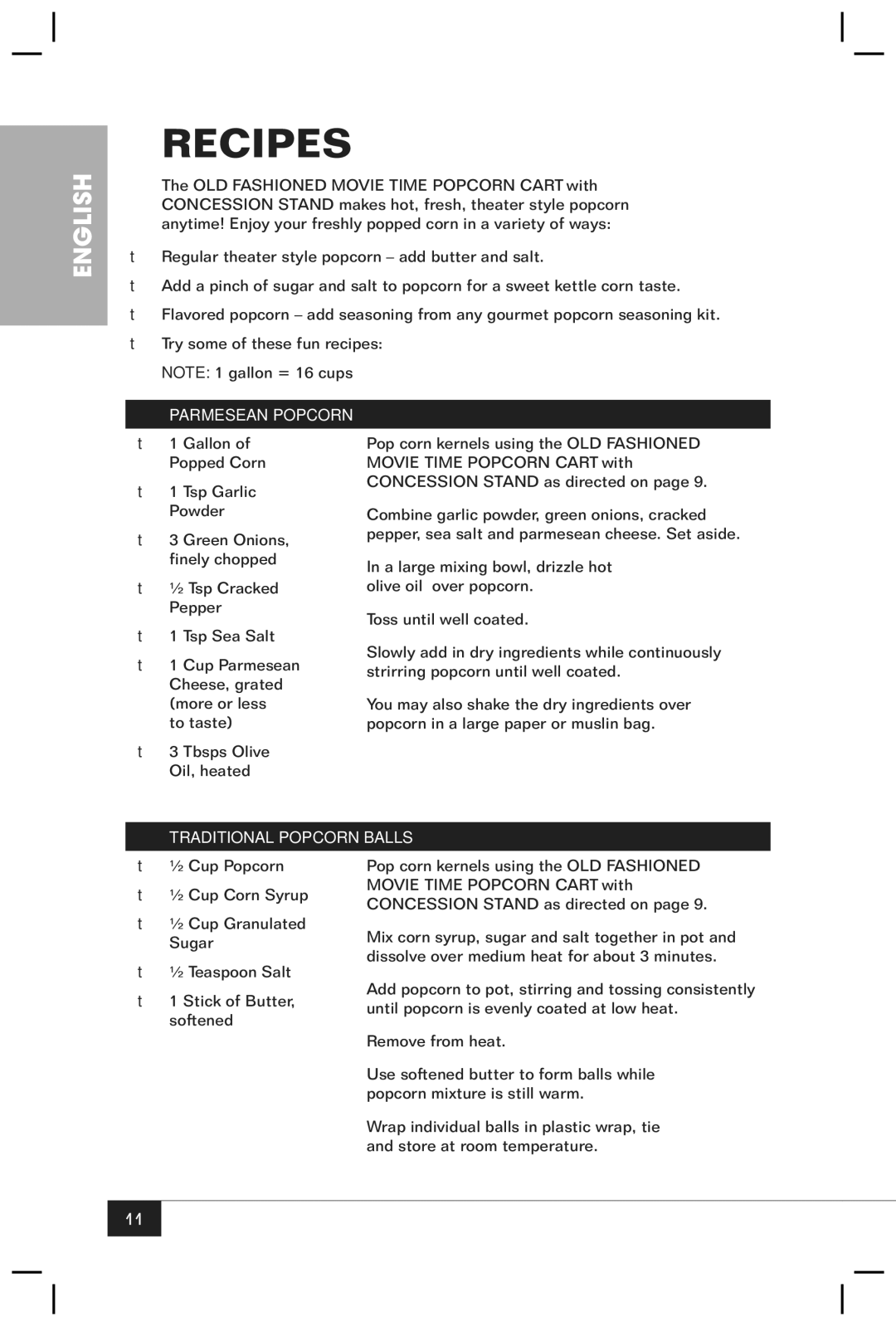 Nostalgia Electrics CCP610 manual Recipes, Parmesean Popcorn 