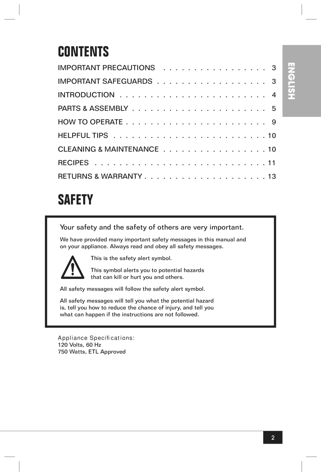 Nostalgia Electrics CCP610 manual Contents, Safety 