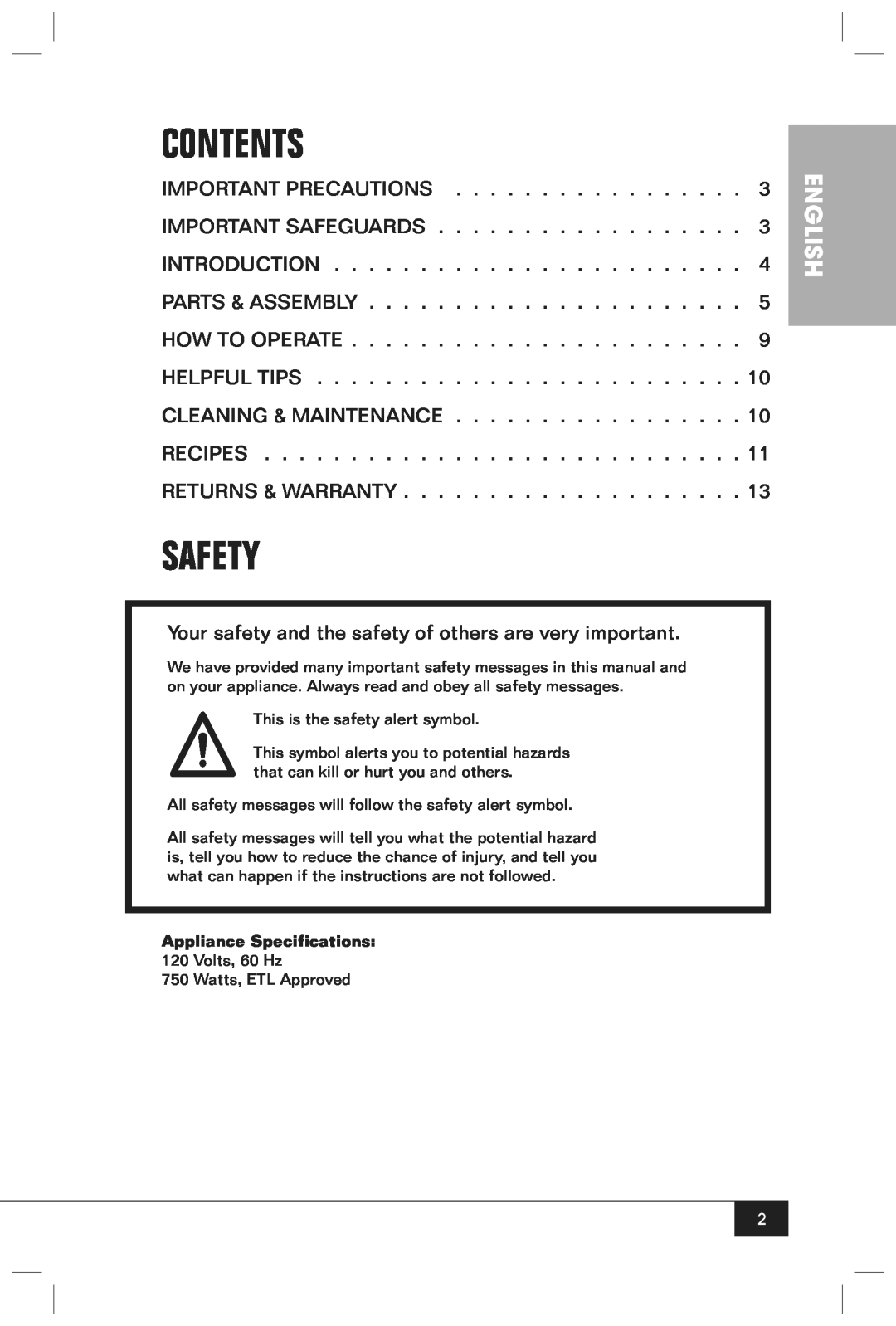 Nostalgia Electrics CCP610 manual Contents, Safety, English 
