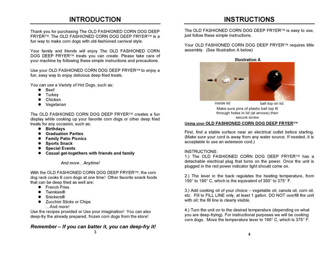 Nostalgia Electrics CDC-596 Introduction, Instructions, Illustration a Using your OLD Fashioned Corn DOG Deep Fryer 