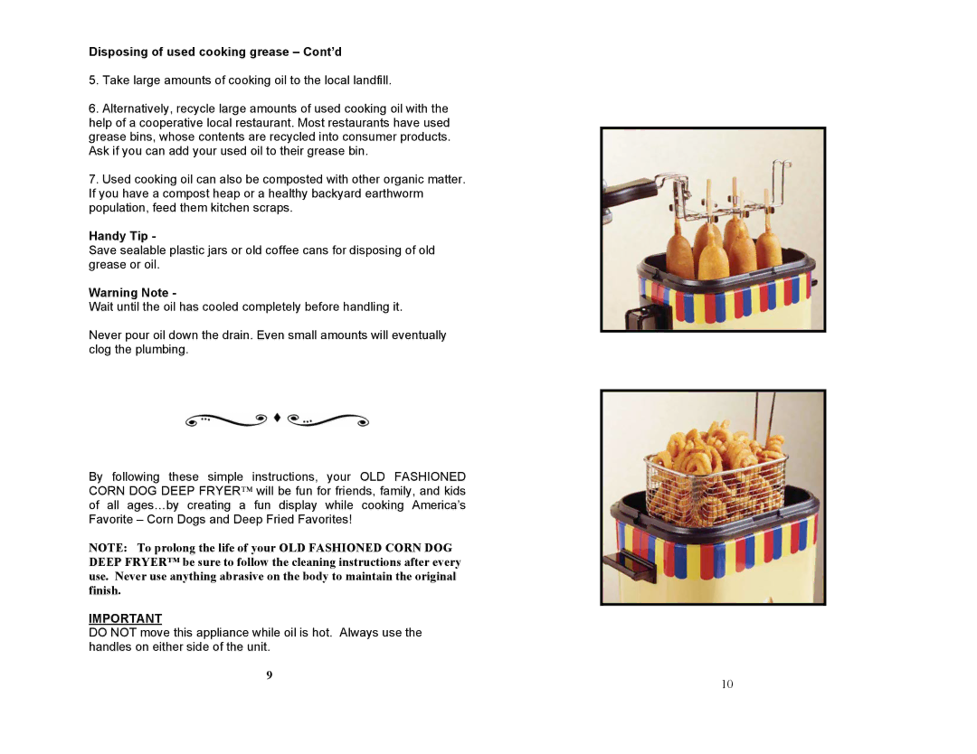 Nostalgia Electrics CDC-596 warranty Disposing of used cooking grease Cont’d, Handy Tip 